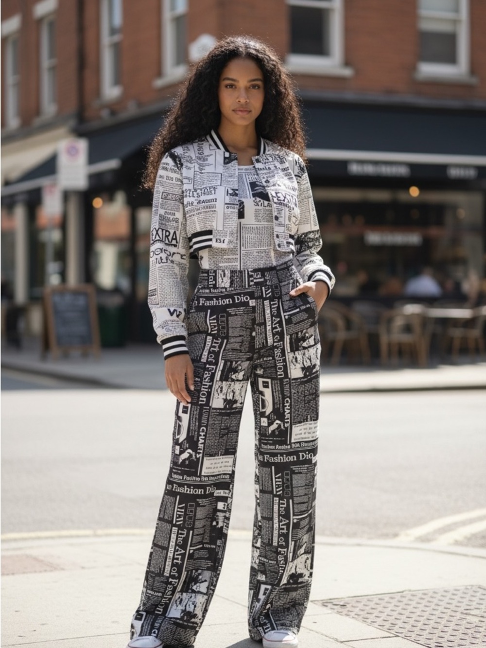 Black & White Newspaper-Print Wide Leg Pants, Jacket and bodysuit